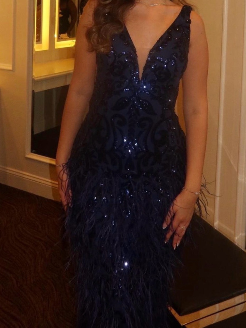 Jovani Navy Sequin Feather High-Slit Evening Gown - Picture 4 of 7